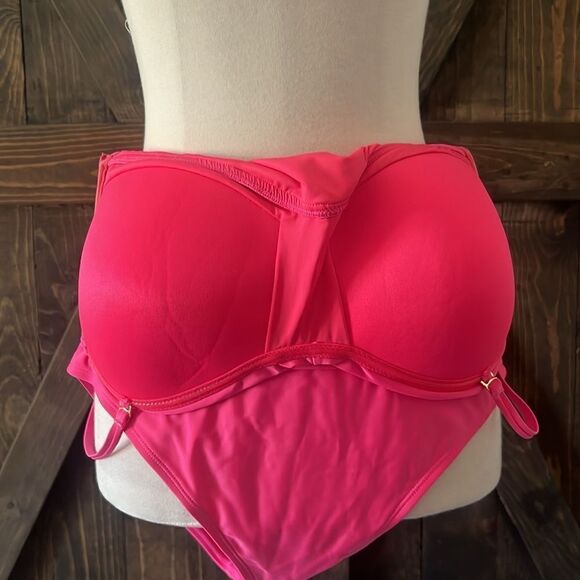 Relleciga Neon Rose Tummy Control Ruched Swimwear Strapless One Piece - Picture 7 of 12